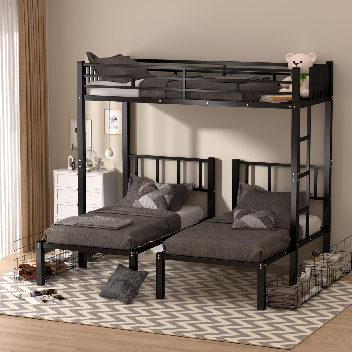 UOCFYK Twin L-Shaped Triple Bunk Bed with Drawers,Can be Divided into 3 Separate Beds w/Safety Textilene Guardrals & Ladder,Space Saving Design for 3 Kids & Teens, No Box Spring Needed, Black UOCFYK