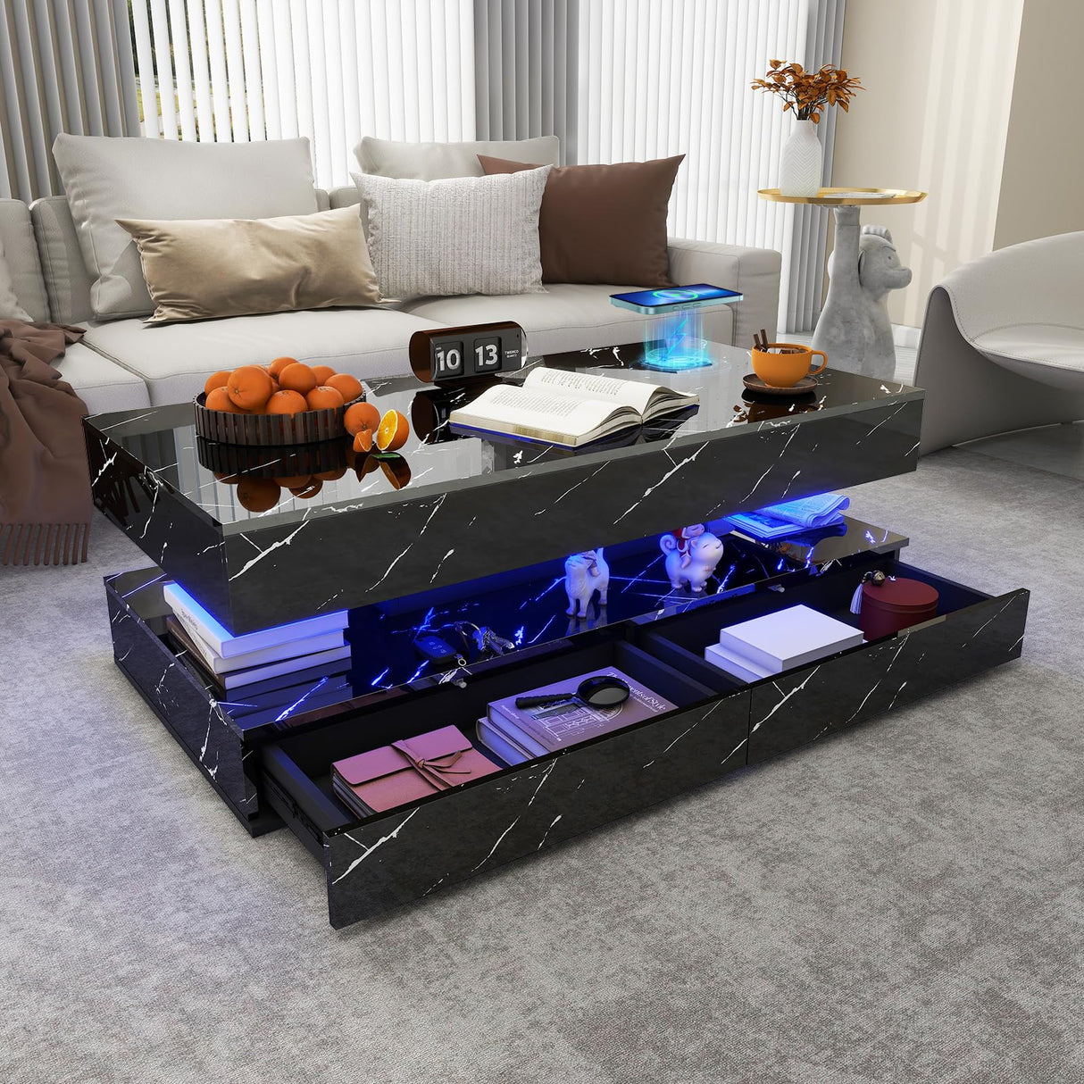 47inch High Glossy LED Coffee Table with Wireless Charging and Speaker, Modern Coffee Table With 2 Sliding Drawers, Double-Layer Center Tables with LED Light, Marble CoffeeTable for Living Room, Black PPorfamilia