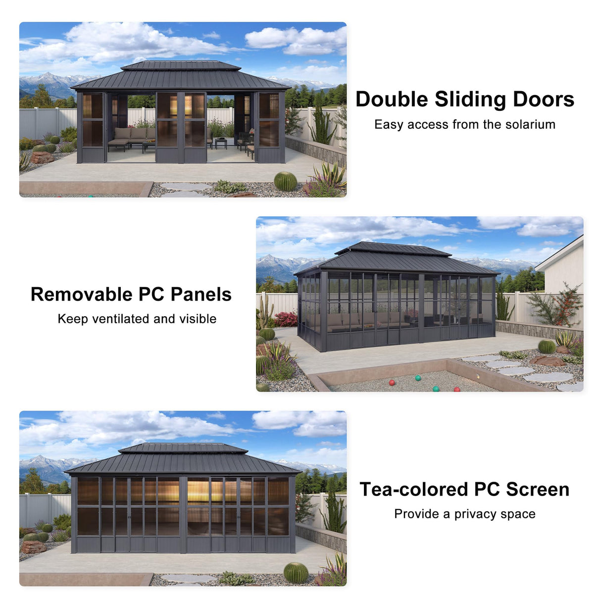 PURPLE LEAF 12' X 20' Sunroom with Light Permanent Hardtop Gazebo Solarium Galvanized Steel Double Roof Aluminum Outdoor Screen House for Patio Deck Backyard Grey PURPLE LEAF