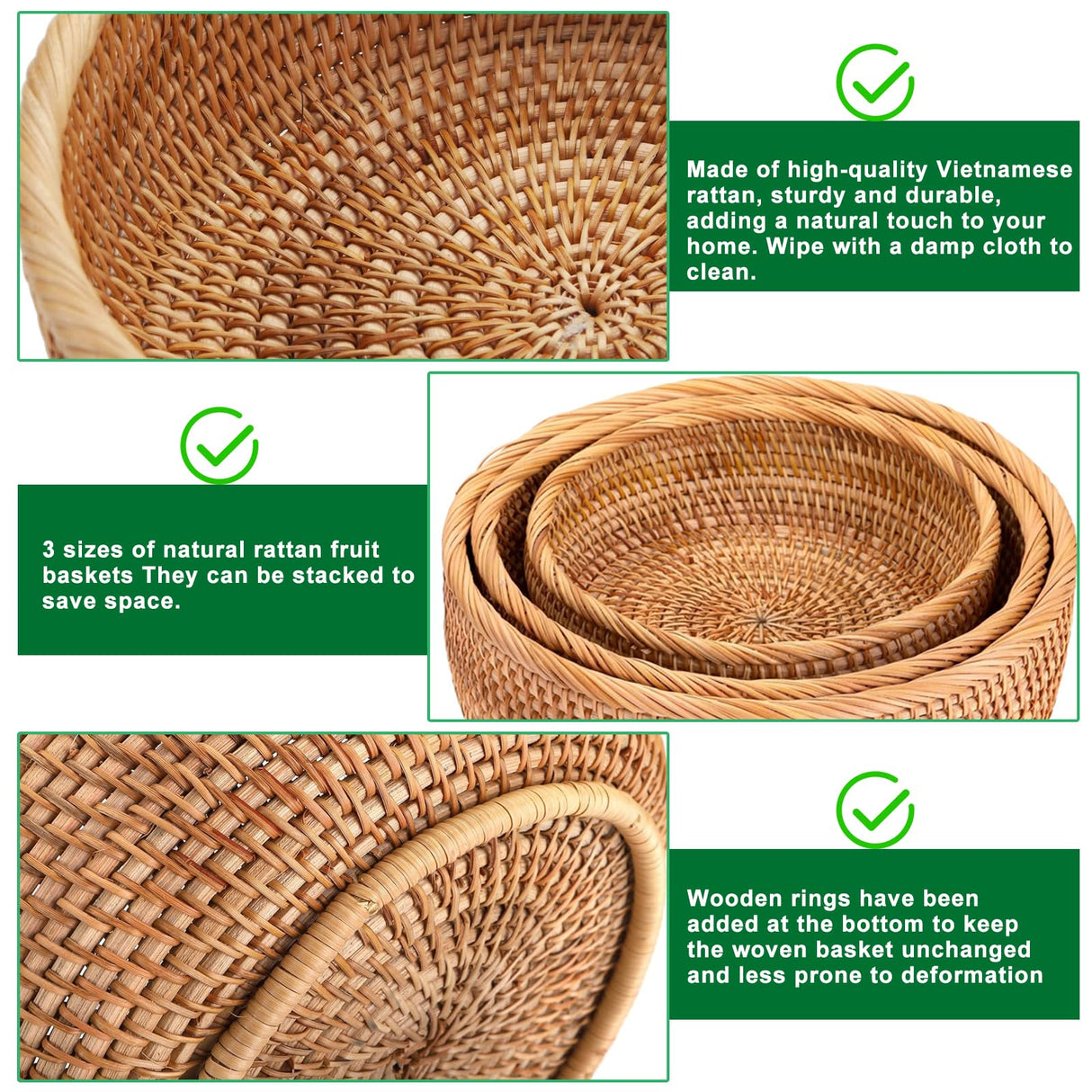 Round Rattan Bread Baskets for Serving Hand Woven Wicker Fruit Basket for Table Set of 3 Fruit Bowl for Kitchen Counter Gdpaddy
