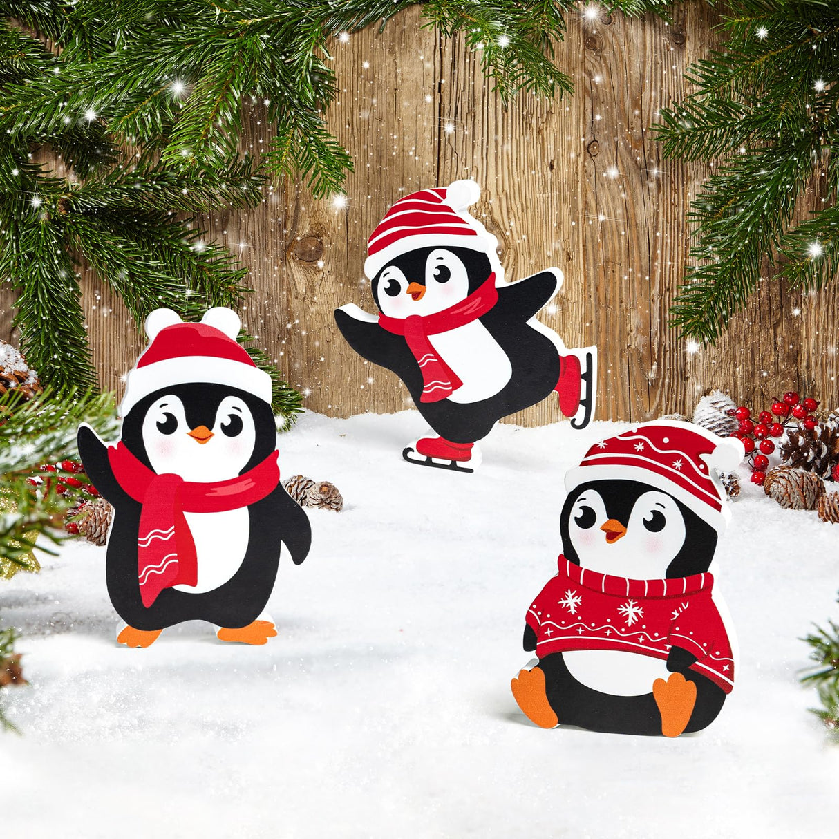 COCHIE Penguin Christmas Decorations Indoor, Cute Penguins Winter Tiered Tray Decor Set of 3, Wooden Penguin Blocks Xmas Table Decoration for Party Home Office Shelf Door (Red) COCHIE