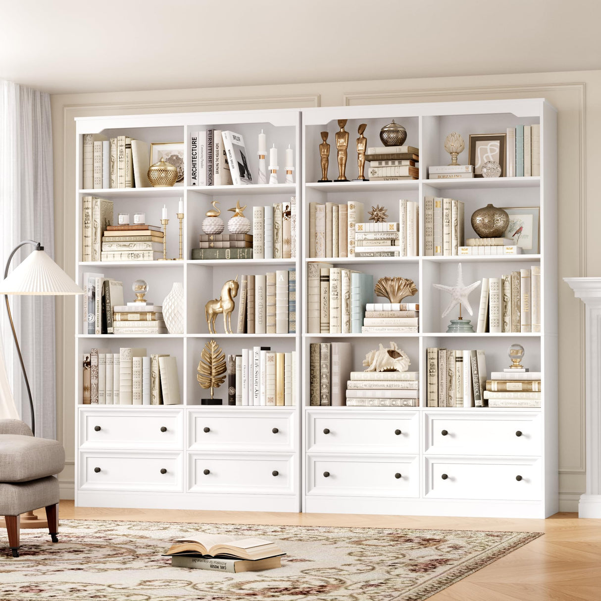 FINETONES 71" Tall Bookshelf with 4 Drawers, 6-Tier Double Wide Bookshelf and Bookcase with Storage, White Bookshelf Large Open Bookshelf Standing Book Cabinet for Home Office, White FINETONES