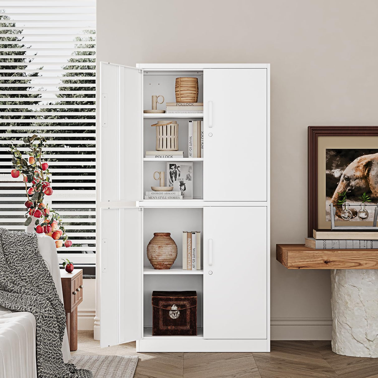 Fesbos White Pantry Cabinet and Organizers - 71”H Kitchen Metal Storage Cabinet with 4 Doors and 3 Adjustable Shelves for Kitchen, Living Room and Dinning Room Fesbos