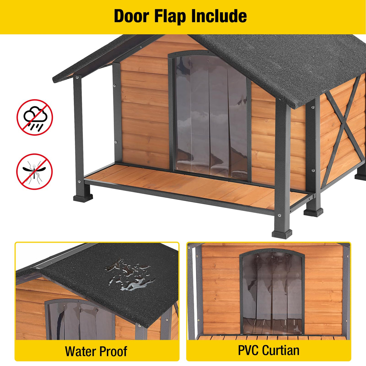Aivituvin Dog House with Anti-Chewing Metal Frame Outdoor Large Wooden Dog Kennel Outside with Overhang Roof Large Porch Weatherproof Aivituvin