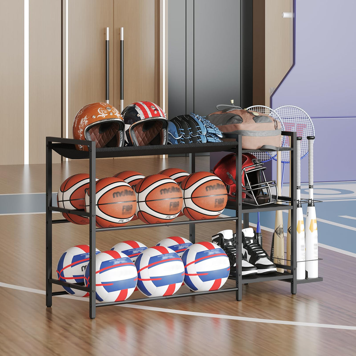 MAHANCRIS Sports Equipment Organizer, 3 Tier Ball Storage Rack with Baseball Bat Holder, Indoor & Outdoor Basketball Racks for Volleyball, Football, Garage Organizer with Sheleves, Black BEHR17301 MAHANCRIS