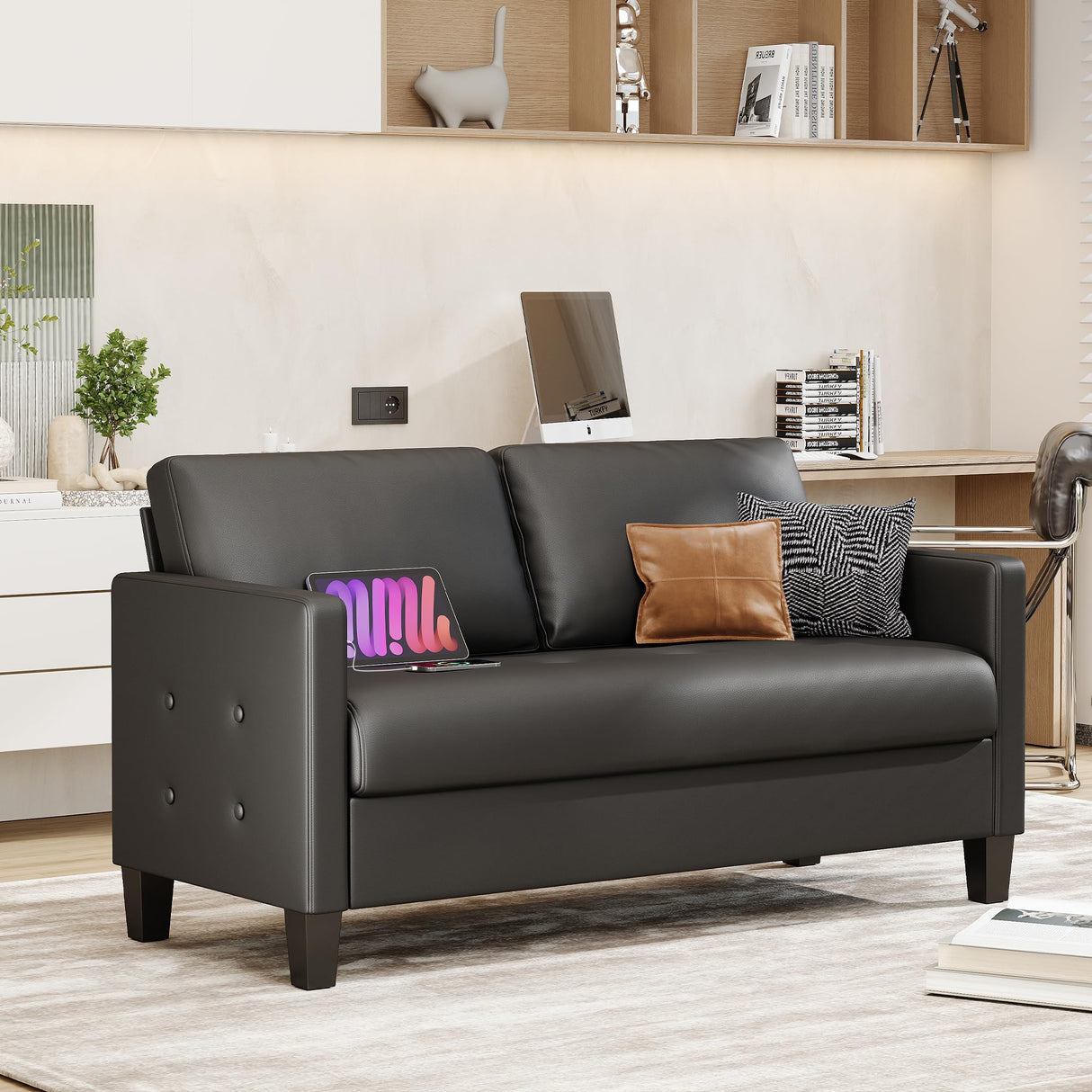 STHOUYN 59” Black Faux Leather Sofa Couch, Modern Comfy Office 2 Seater Couch Loveseat with USB and Tufted Armrest, Small Love Seat Couches for Living Room, Bedroom, Apartment STHOUYN