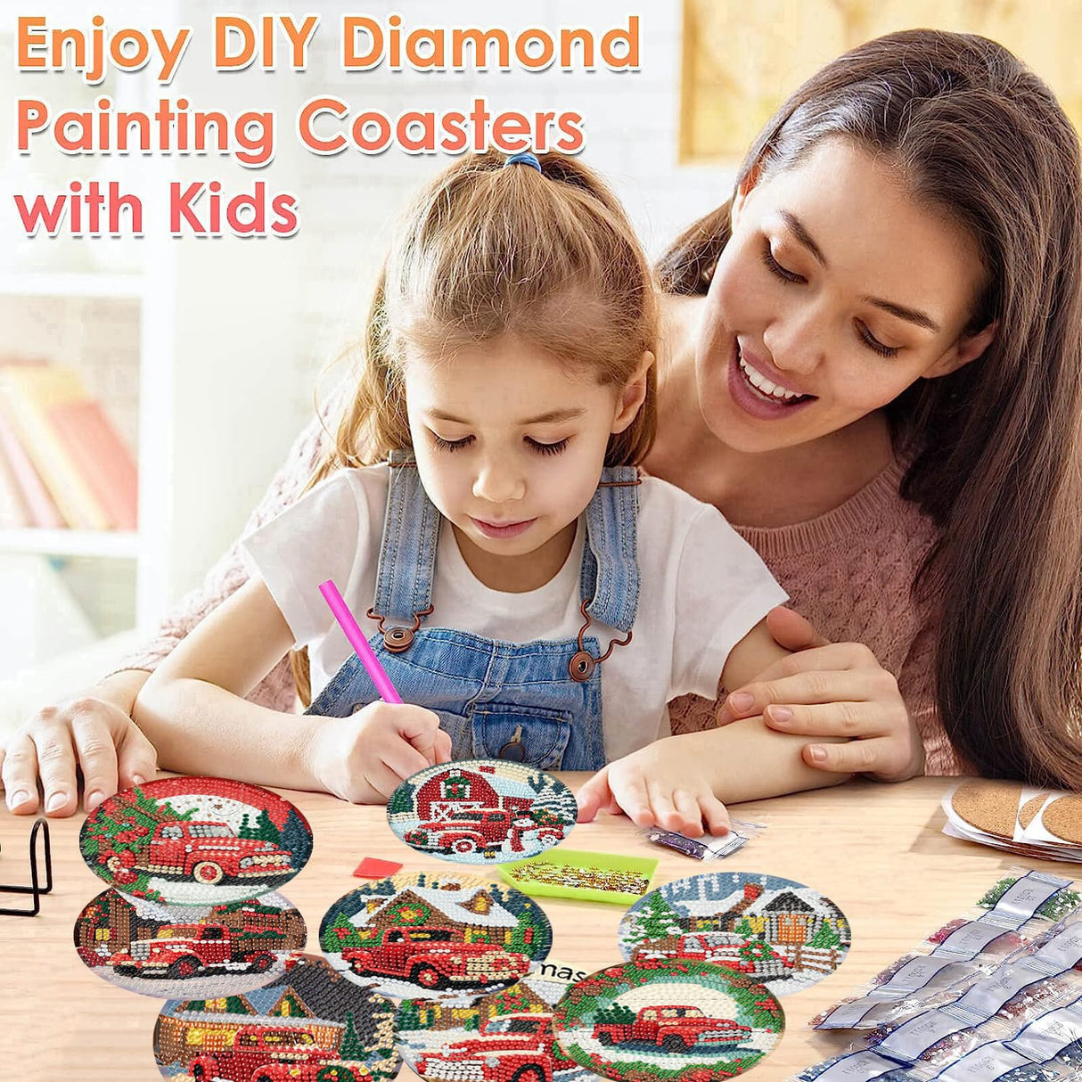 ijbnhd 8 PCS Christmas Diamond Art Coasters Kit, Christmas Truck Diamond Painting Coasters with Holder, Arts and Crafts Supplies Astral 4X4inch (Cork Wooden Pad) ijbnhd