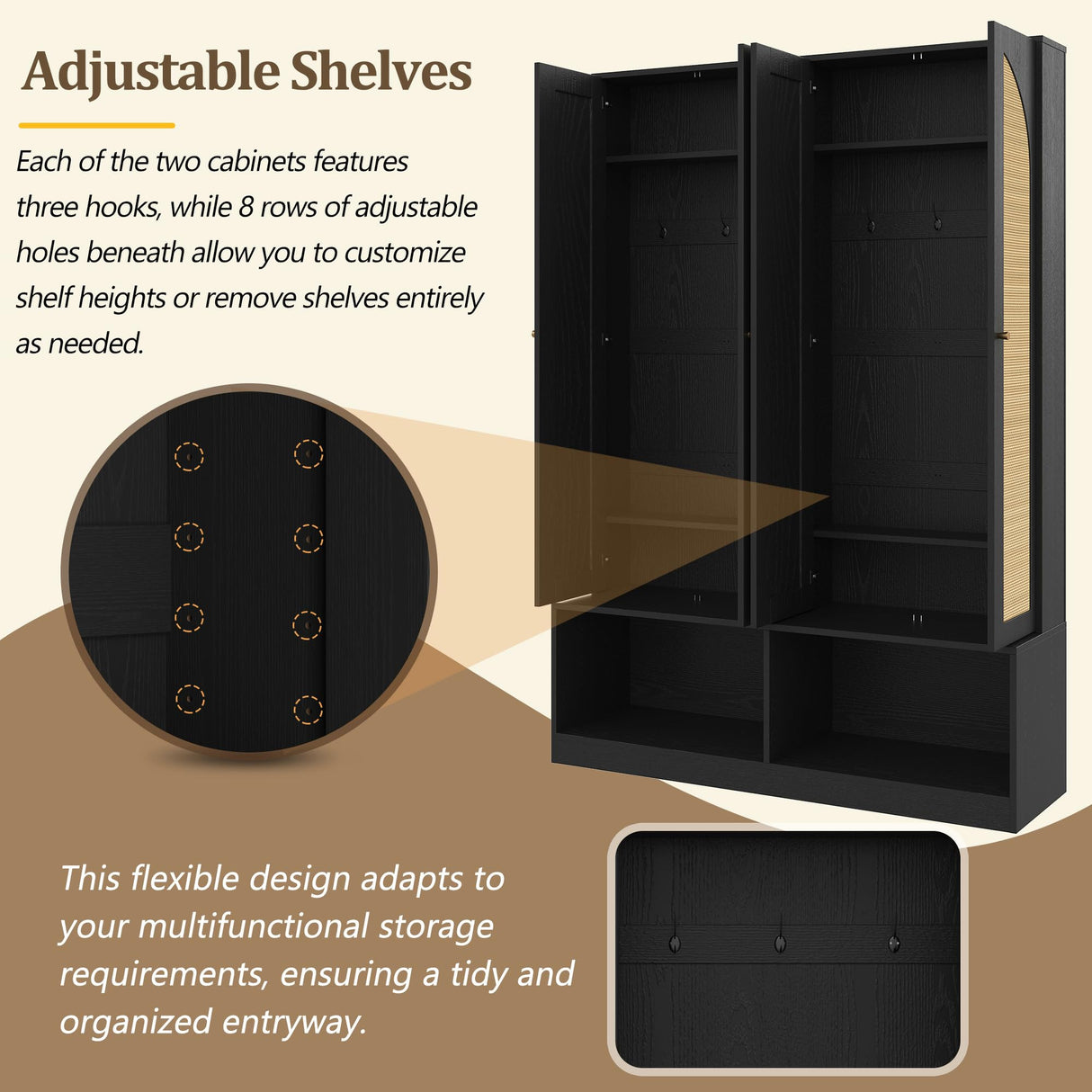 LUMISOL Farmhouse Widen Hall Tree with 4 Rattan Doors for Entryway, 4-in-1 Seating Bench with 6 Hidden Hooks, 78.7”H Entryway Shoe Cabinet with Open Bottom Compartments and Adjustable Shelf, Black LUMISOL