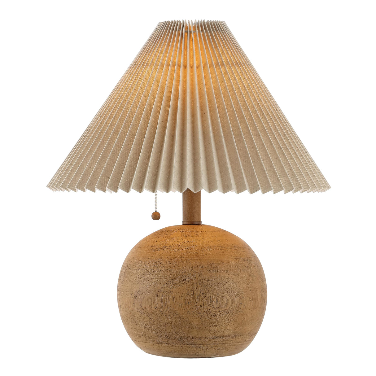 JONATHAN Y JYL1145A Aksel 17.25" Coastal Scandinavian Resin/Iron Sphere LED Table Lamp with Pleated Shade and Pull Chain, Brown Wood Finish/Beige, for Entry Console, Bedroom, Living Room JONATHAN Y