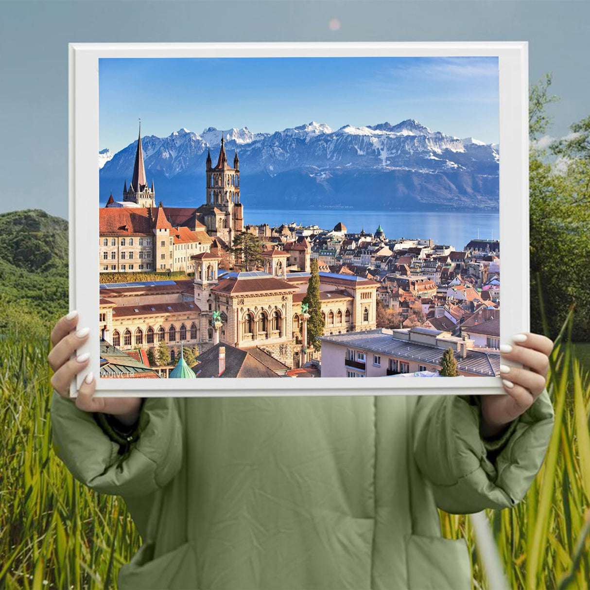 WUIVCTR Alps Mountain Landscape Lausanne Cityscape Switzerland Painting by Numbers DIY Unique Canvas Oil Painting Kit Digital Painting 16x20inch WUIVCTR