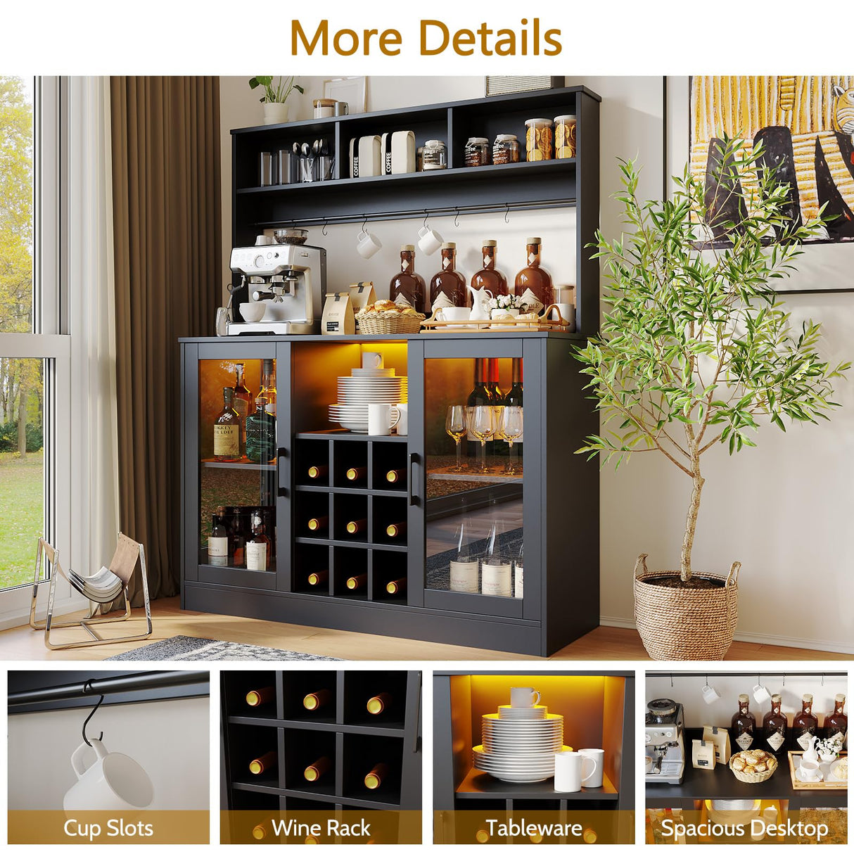 Wine Bar Cabinet, Wine Cabinet with LED Lights, Liquor Cabinet with Storage, Power Socket, Adjustable Shelves, Modern Home Wine Cabinet with 9 Wink Racks and 6 Hooks, Black ShiningLove