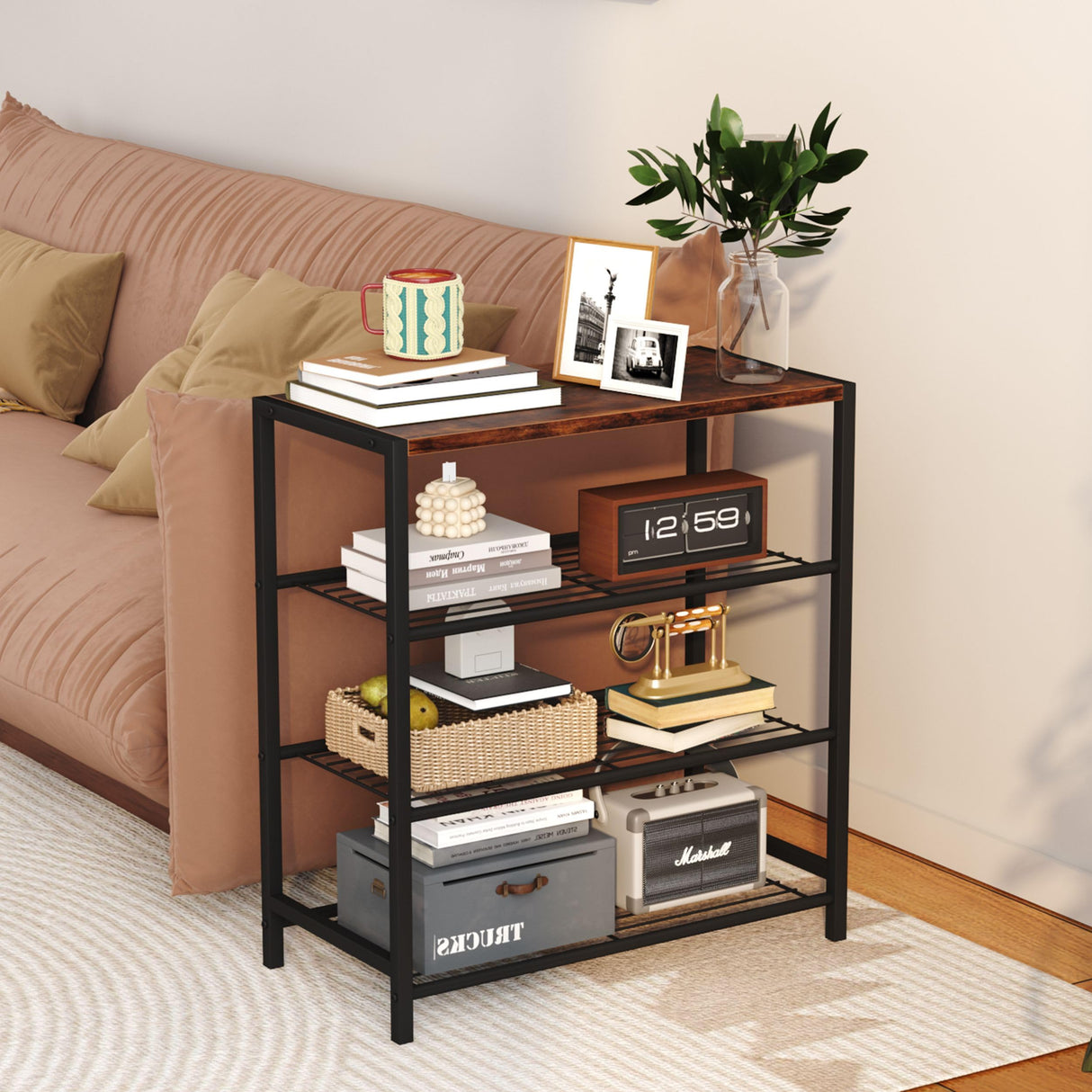 Yusong Shoe Rack, 4 Tier Shoe Organizer Storage for Closet Entryway, Narrow Slim Metal Shoe Shelves with Industrial Wooden Top, Rustic Brown and Black Yusong