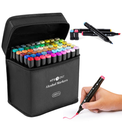 HTVRONT Alcohol Markers Dual Tip 60 Colors - Permanent Alcohol Based Markers for Blackboard, Glass, Cardboard - Coloring Markers for Office and School Supplies