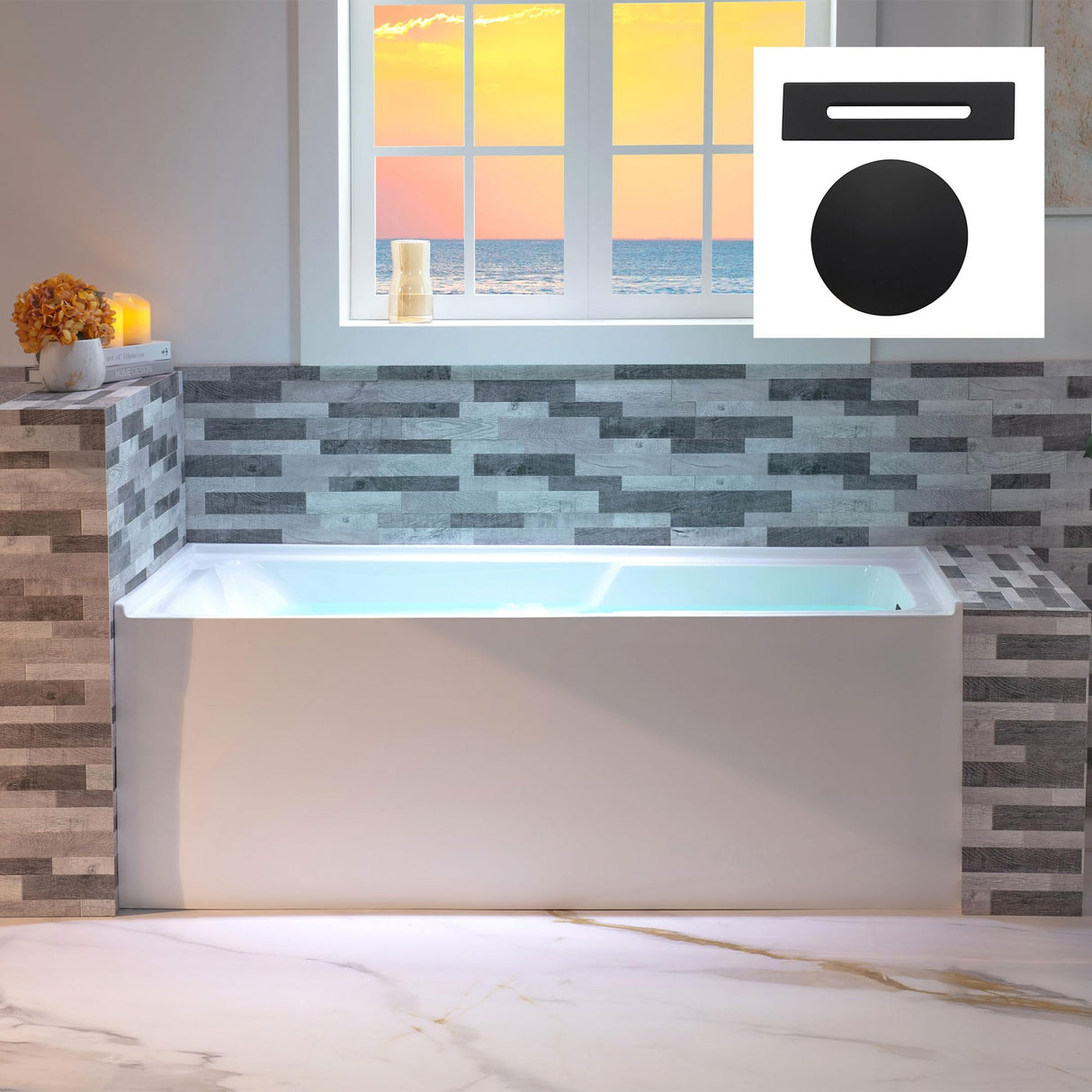 WOODBRIDGE 60" Acrylic Rectangular Alcove Soaking Bathtub in White with Right Drain, Matte Black Pop-Up Drain Included BA6030R WOODBRIDGE