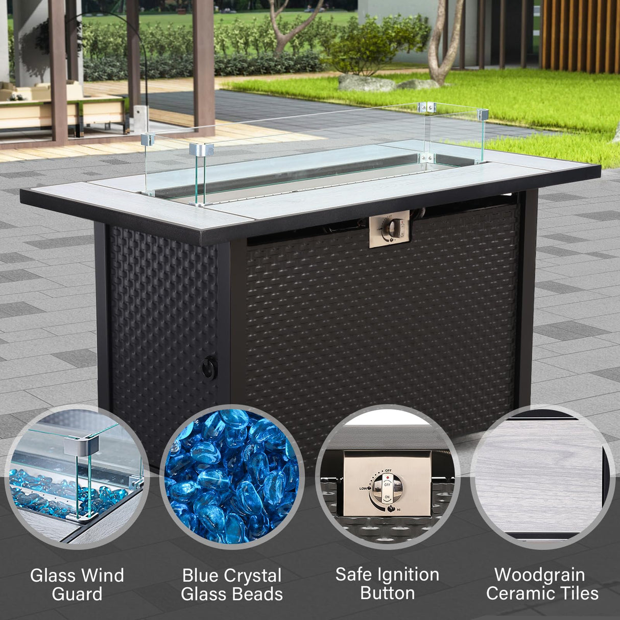 6-Piece Patio Furniture Set Outdoor Furniture Set with 45'' Propane Gas Fire Pit Table Outdoor Conversation Set Wicker Sofa Set Non-Slip Cushions Waterproof Covers, Navy Blue Rattan Star