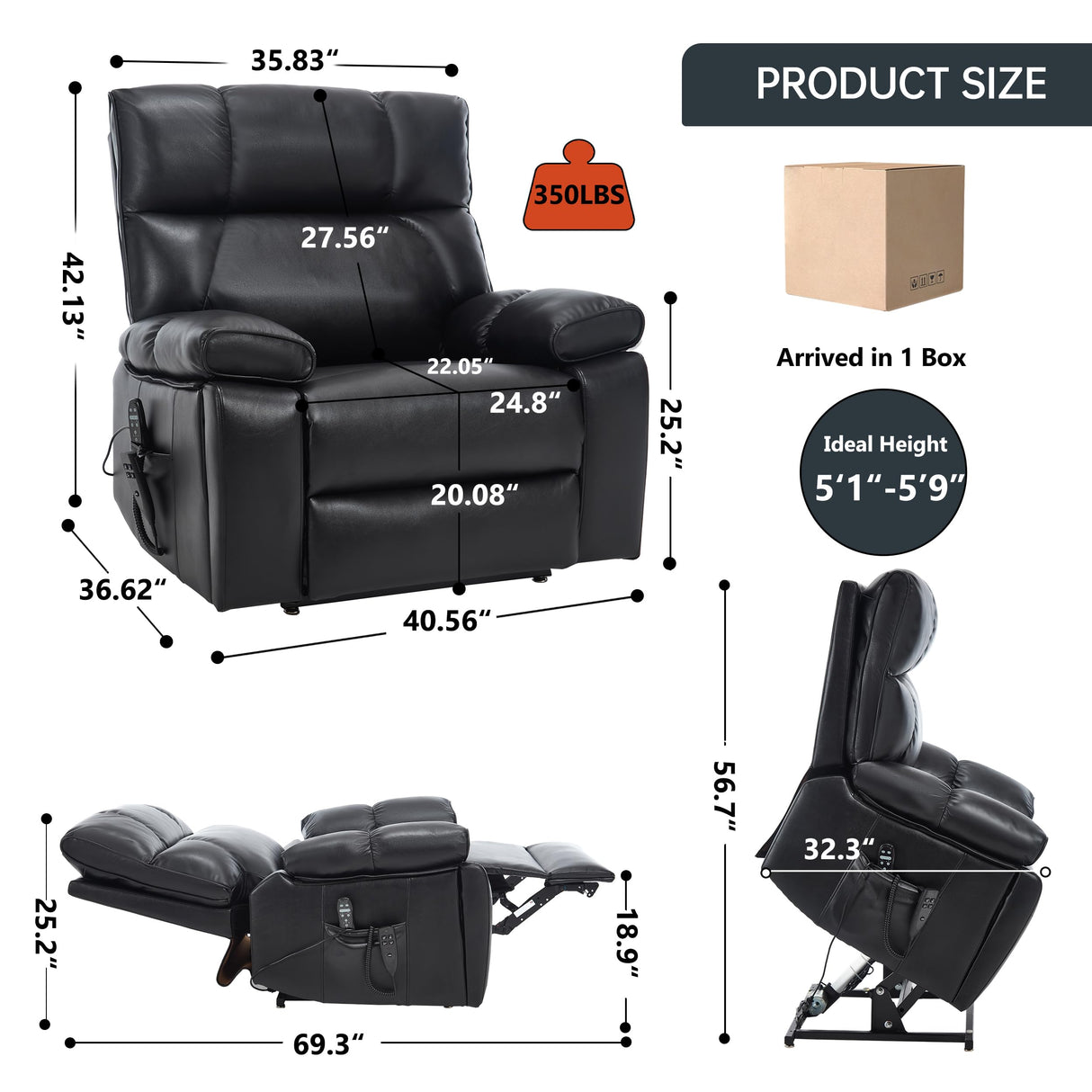 EZZUP Dual Motor Power Lift Chair for Elderly with Vibration Massage and Lumbar Heating for Living Room, Electric Lay Flat Recliner with Cup Holders Remote Controls, Medium-Firm Faux Leather, Black EZZUP