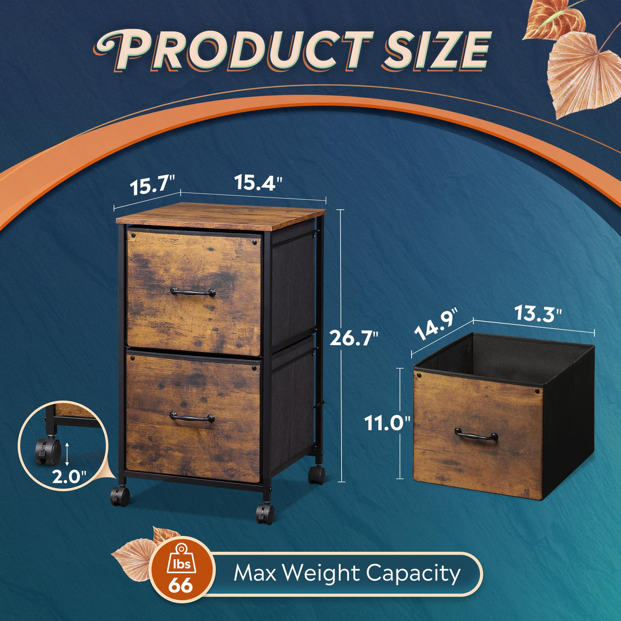 DEVAISE 2 Drawer Mobile File Cabinet, Rolling Printer Stand, Fabric Vertical Filing Cabinet fits A4 or Letter Size for Home Office, Rustic Brown Wood Grain Print DEVAISE