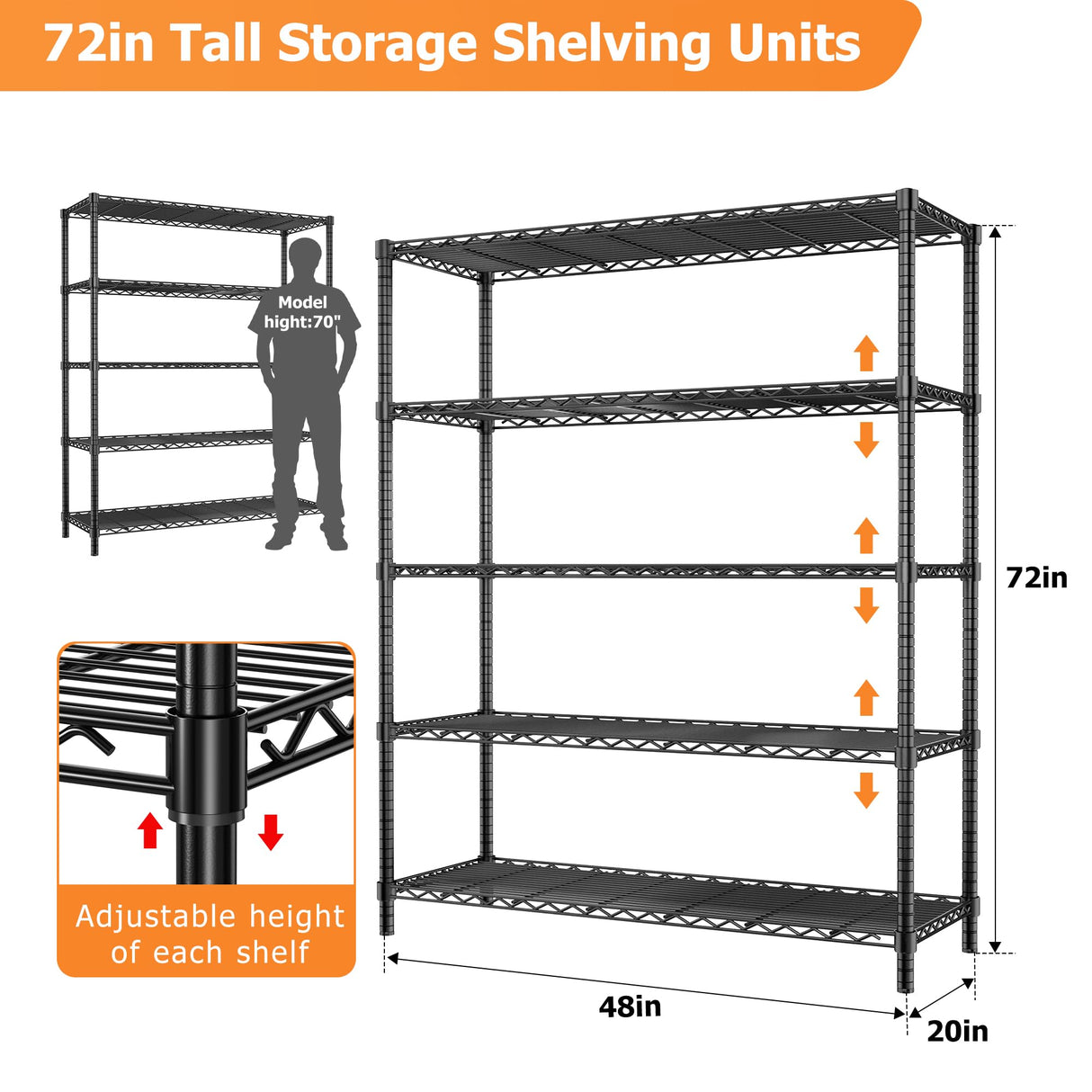Storage Shelves Heavy Duty, 48" L x 20" W x 72" H Garage Wire Shelving Unit Loads 2000LBS, 5-tier Adjustable Metal Industrial Utility Shelf Rack for Kitchen, Laundry Room, Pantry, Warehouse, Basement ROOMTEC