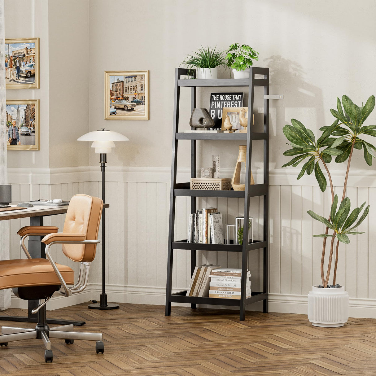 vovala Bookshelf, 5 Tier Ladder Bookcase with Bamboo Frame, Freestanding Tall Narrow Display Plant Shelf for Living Room, Kitchen, Bedroom, Balcony, Black vovala