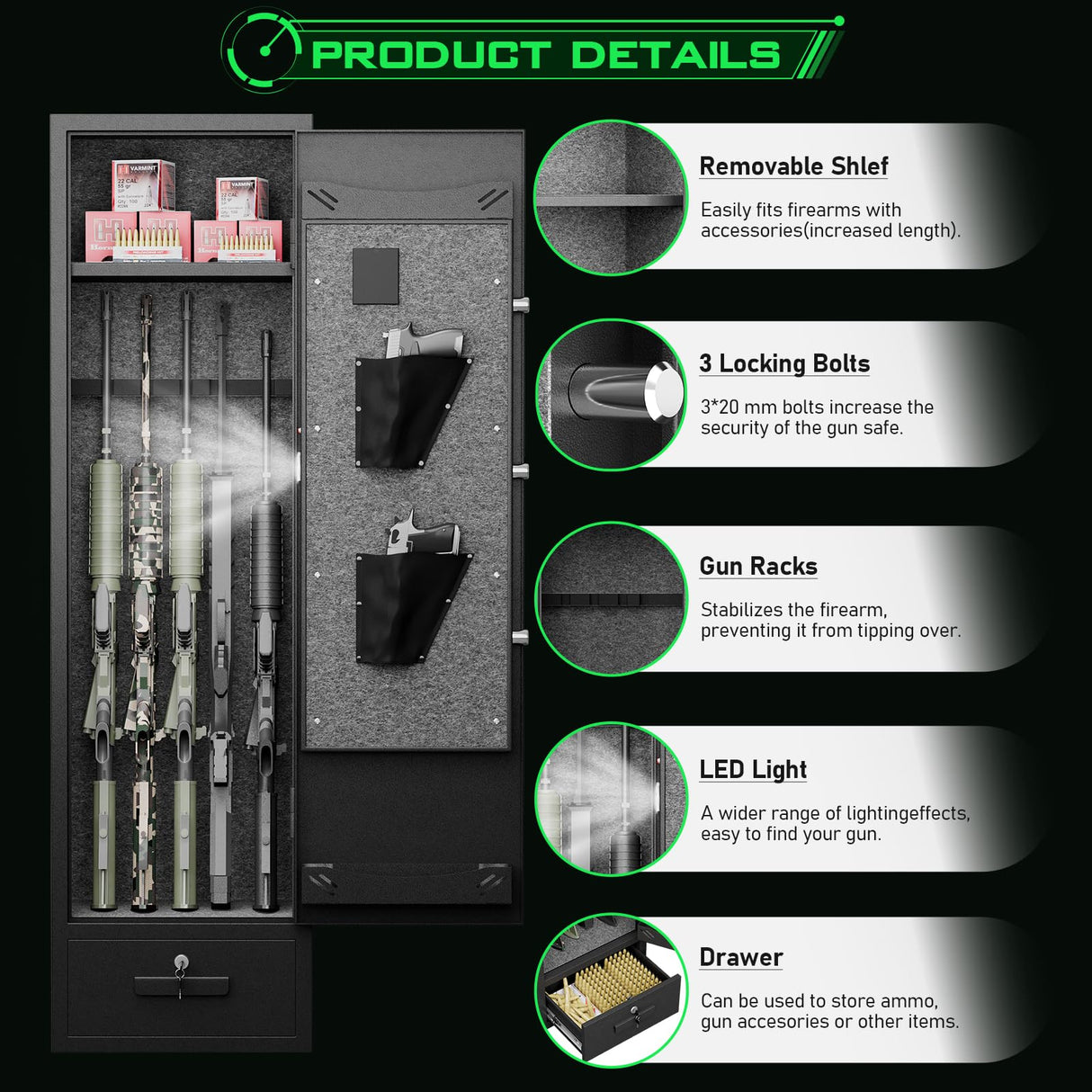 kavey 4-6 Gun Safe, Gun Safes for Home Rifles and Pistols, Rifle Safe, Quick Access Gun Cabinet for Rifles and Shotguns with Backlit Backlit Keypad, Gun Safes & Cabinets with Drawer and 3 Gun Racks kavey