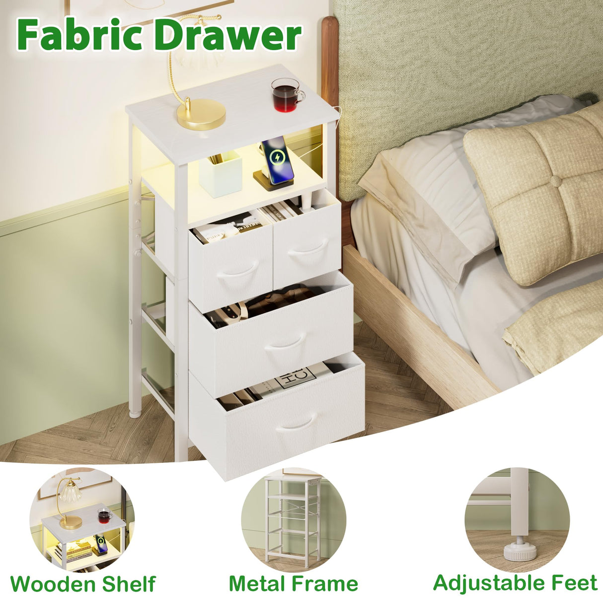 Furnulem 4 Drawer Dresser with Led Light and Charging Station, White Night Stand with Storage Shelf and Fabric & PVC Drawer, 33 Inch Bedside Table, Tall Nightstand for Entryway, Bedroom Furniture Furnulem