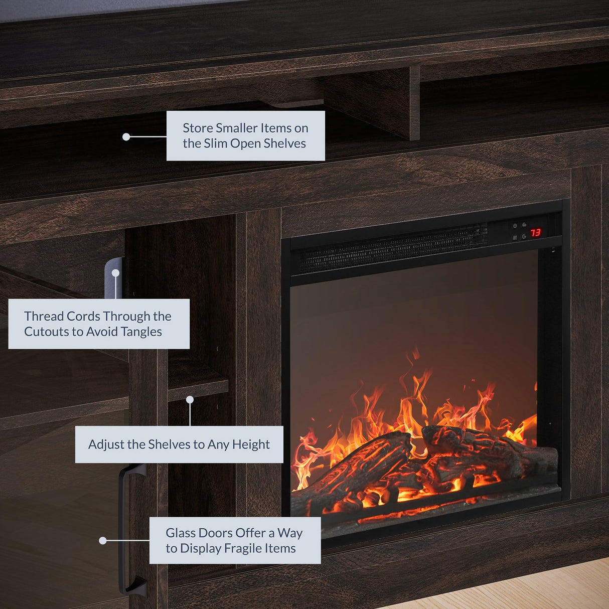 BELLEZE Modern 60" Traditional TV Stand with 18" Electric Fireplace Heater & Media Entertainment Center Console Table for TV up to 65" with Open Storage Shelves & Cabinets - Cayman (Brown) BELLEZE