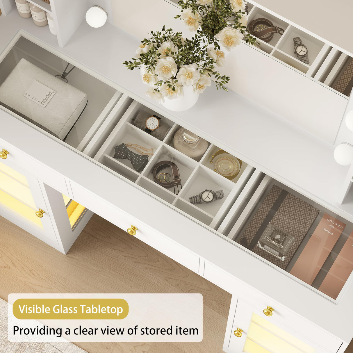 Makeup Vanity Desk with Mirror and Lights, Glass Top Vanity Table Set with Drawers & Power Outlet, Large Dressing Table with 3 Color Lighting Modes & RGB Cabinets for Women Girls Kids Bedroom, White Xixini