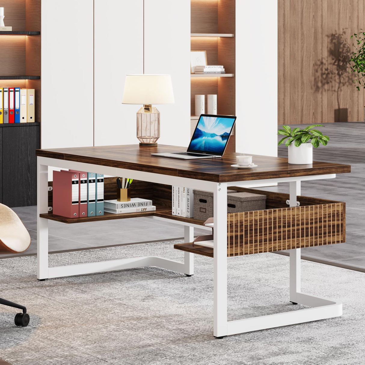 Tribesigns 63" Executive Desk with Bottom Shelves, Large Office Computer Desk, Modern Simple Workstation Business Furniture for Home Office (Walnut & White) Tribesigns