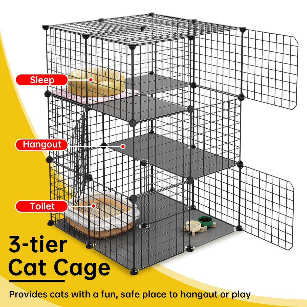 Eiiel 3-Tier Cat Cage Indoor Enclosure DIY Cat Playpen Catio Detachable Metal Wire Kennels 2Lx2Wx3H Crate Large Exercise Place Ideal for 1-2 Cats, Black Eiiel