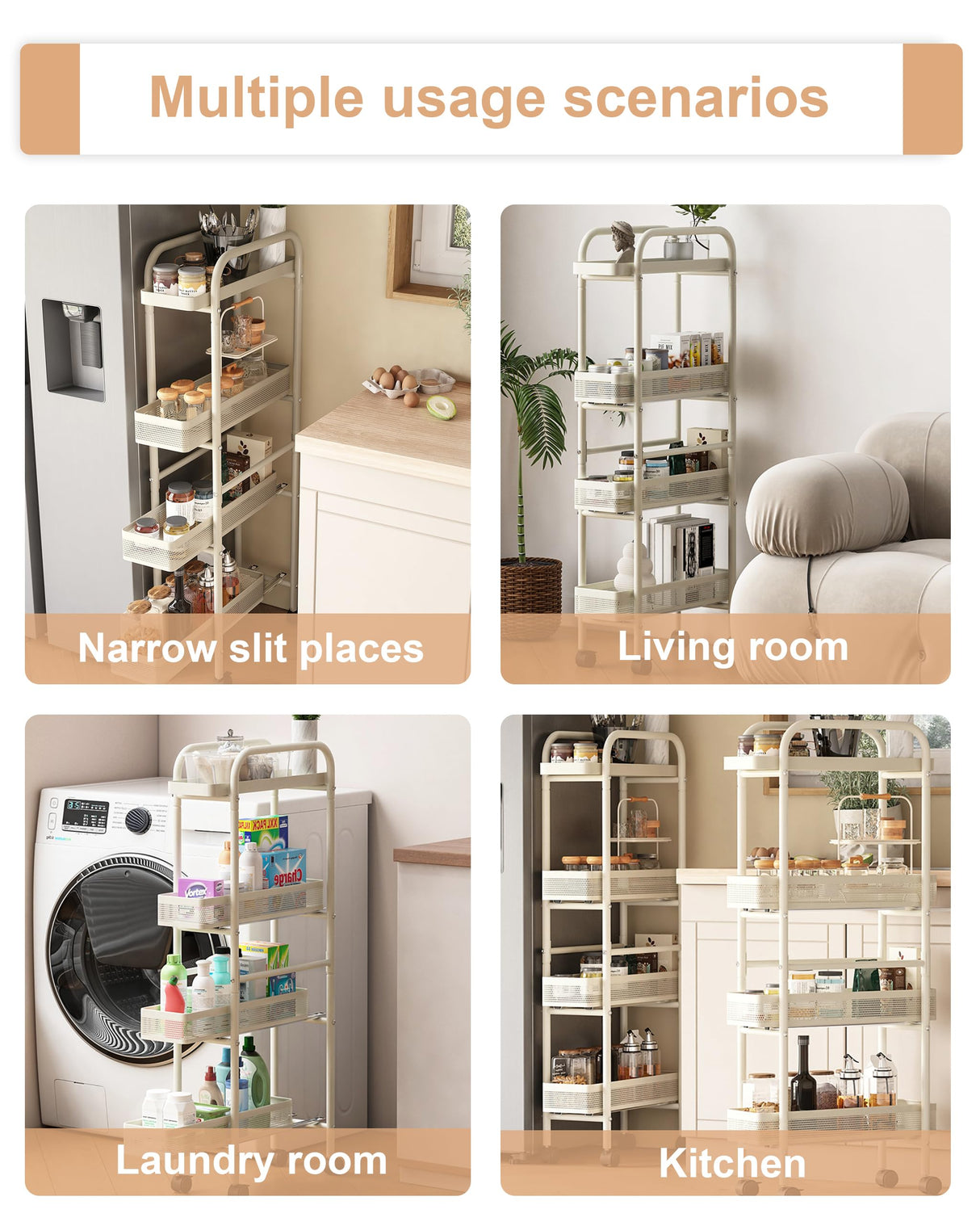 UMDONX Slim Storage Cart 4 Tier with Pull Out Basket Bathroom Organizer Rolling cart, Rolling Utility Cart Slide Out Organizer for Kitchen, Bathroom, Laundry White UMDONX