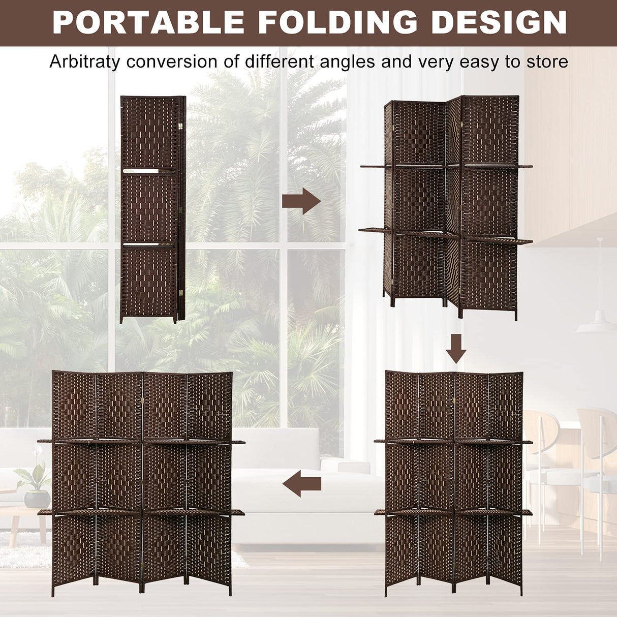Room Dividers and Folding Privacy Screens 4 Panel 67 Inch Tall Portable Room Seperating Divider w/ 2 Display Shelves Solid Wood Room Partitions and Dividers Freestanding for Home, Office Dkeli