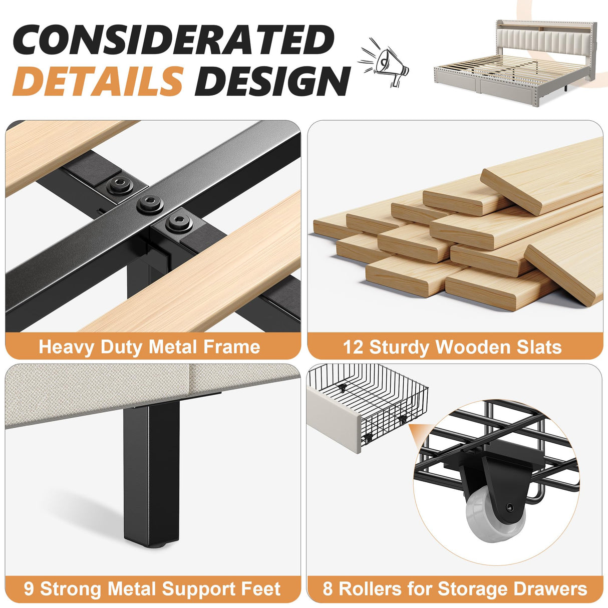 EnHomee King Size Bed Frame with Storage and Headboard, Upholstered King Bed Frame with Storage, King Bed Frame with 2 Drawers, King Size Bed Frame with Storage, NO Noise,No Box Spring Needed EnHomee