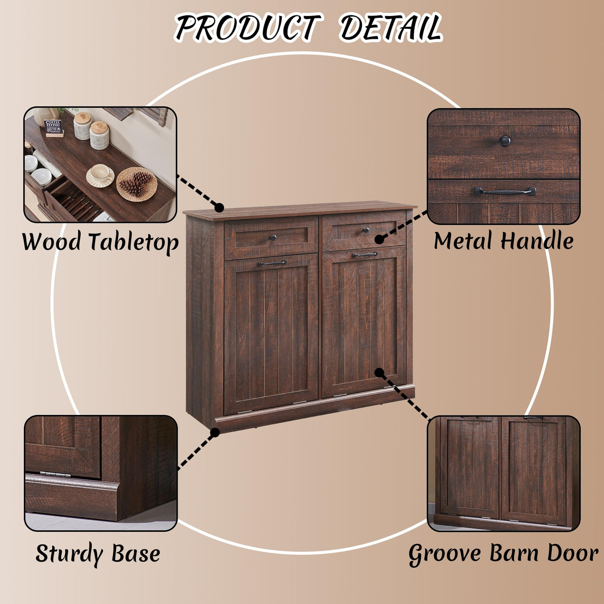 IFBUY Double Tilt Out Laundry Hamper Cabinet, 20 Gallon Farmhouse Trash Can Cabinet with Drawer, Hidden Wood Garbage Can Bin Cabinet with Laundry Storage Basket for Bathroom, Kitchen, Brown IFBUY