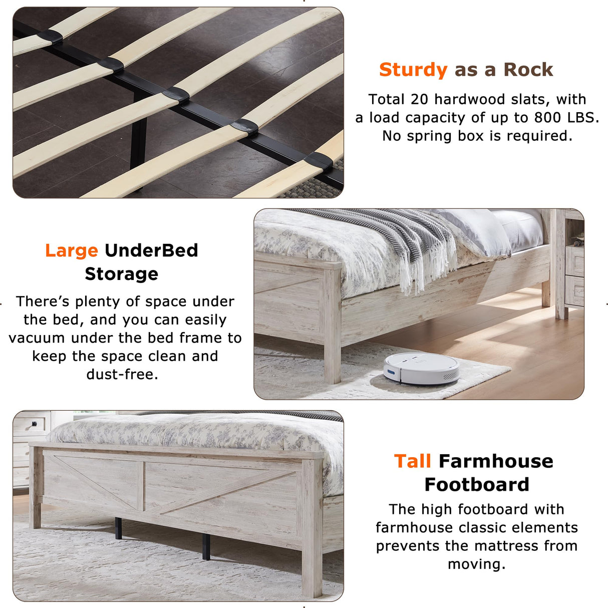 T4TREAM Farmhouse Full Size Bed Frame w/Storage Bookcase Headboard, Sliding Barn Door, Charging Station, Rustic Wood Platform Bed w/Wood Slats Support, No Box Spring Needed, Antique Brush White T4TREAM