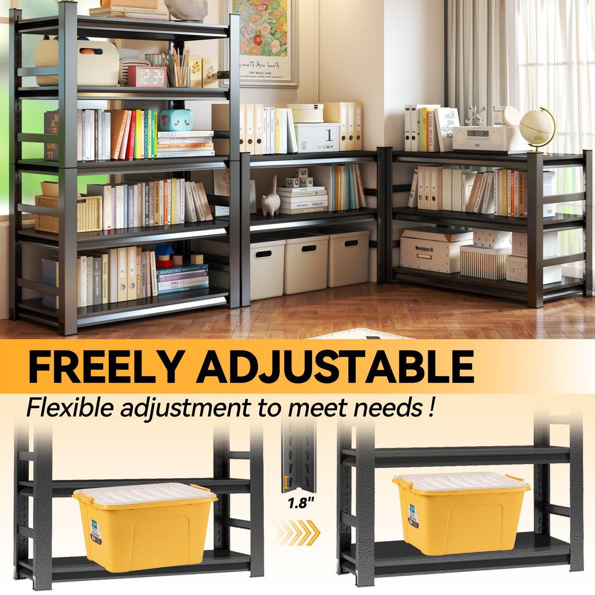 BEESTMUEBLE 5 Tiers Book Shelf, 48 Wide Bookcase,Metal Black Bookshelves, Living Room Shelves, Open Shelf Bookcase with Fences, Book Shelves for Bedroom/Office/Study, 47.2" W*23.6" D*72" H BEESTMUEBLE