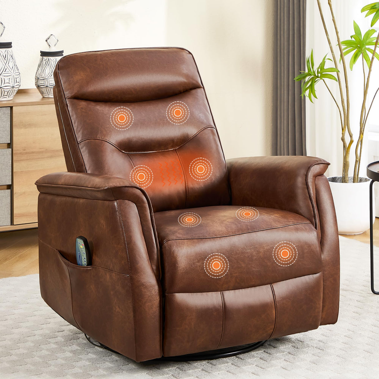 choairy Massage Rocker Recliner Chair, Oversized Manual Glider Rocking Recliners, Reclining Chair with Massage and Heat, Faux Leather Nursery Recliner for Living Room, Dark Brown choairy