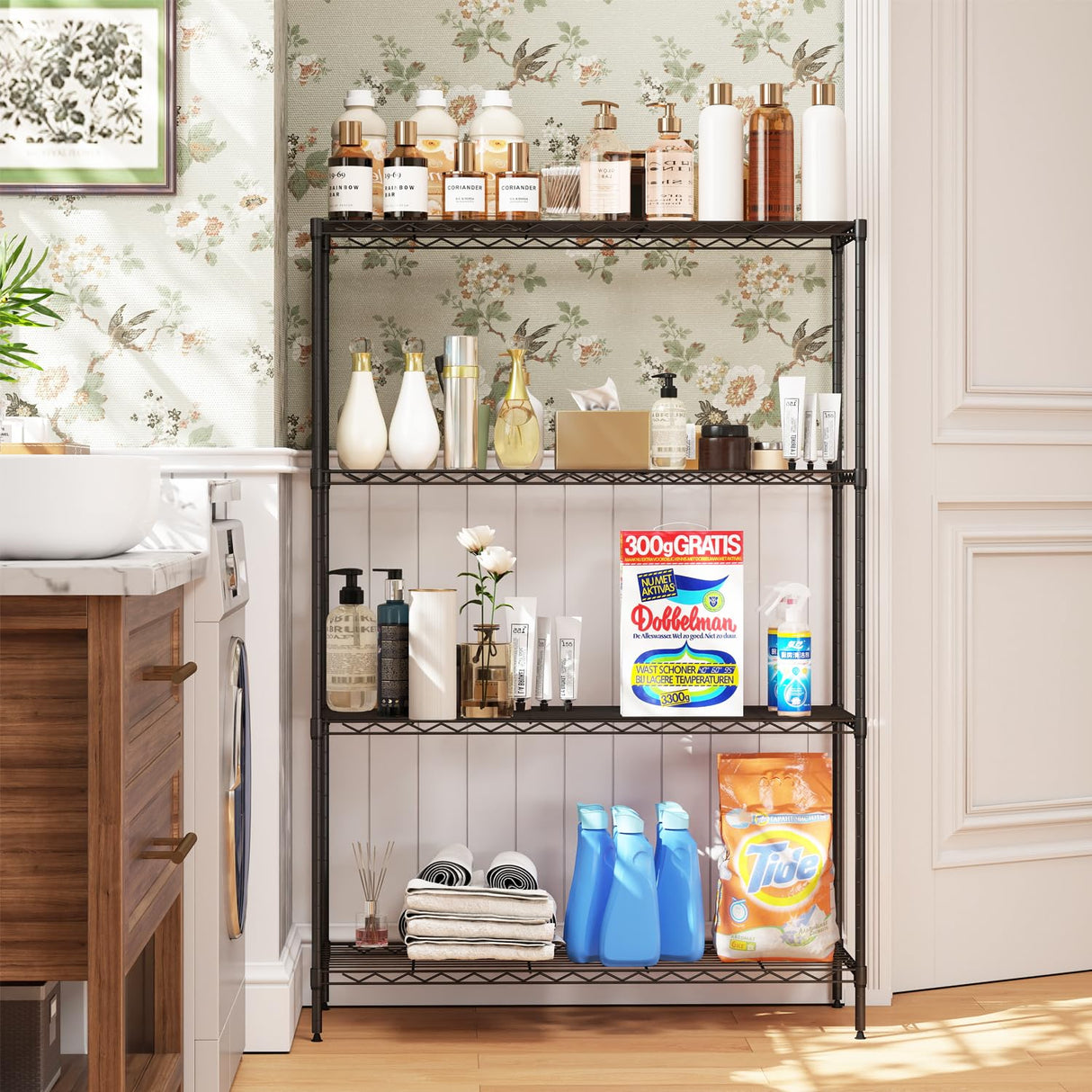 4-Tier Storage Shelves 35.4" L x 13.3" W x 53.7" H Metal Garage Shelves Standing Storage Shelf Adjustable Layer Racks with Steel Frame Suitable for Kitchen, Garage or Commercial Use (Black) FDW