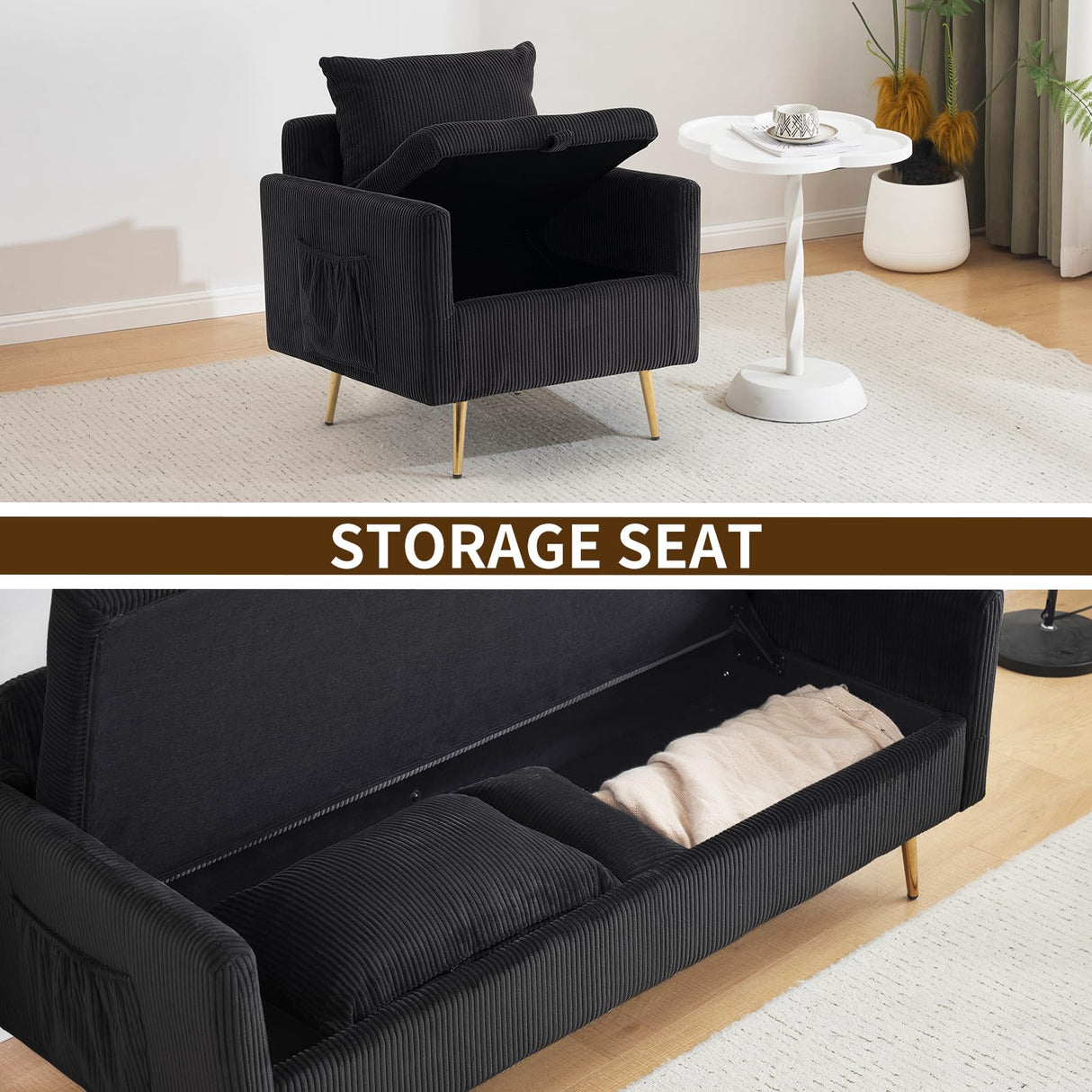 Furnimart 3-Seater Storage Sofa and Couch, Corduroy Loveseat with Accent Single Chair, Small Living Room Furniture Set for Apartment, Tiny Homes and Lofts, 2PC-Black Furnimart