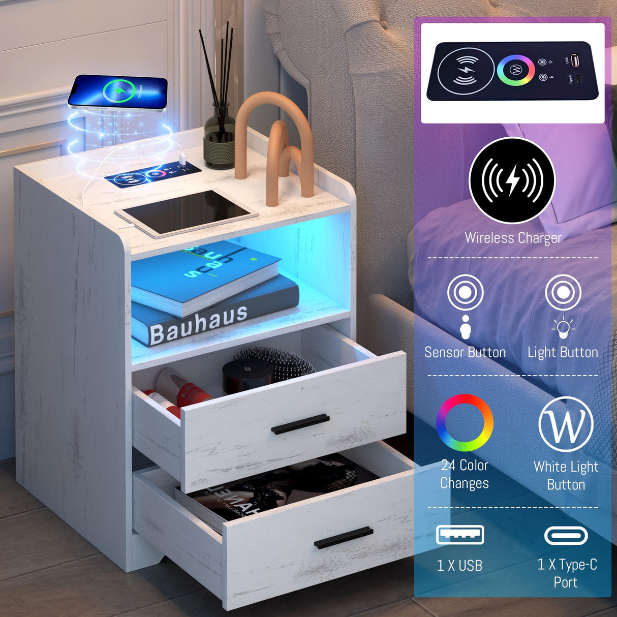 dnbss LED Nightstand with Wired/Wireless Charging Station, Night Stand with 24-Color RGB Lights, Modern Side Table, Smart Nightstands Bedside Table with Drawers for Bedroom, Wood White dnbss