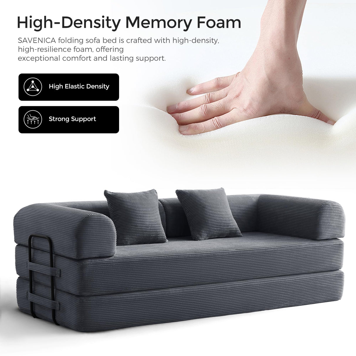 79" Convertible Sofa Bed with Fixed-Shape Frame & Removable Armrests, Modular Corduroy Sleeper Sofa, Folding Mattress Couch for Small Spaces - No Assembly Needed in Dark Gray (Includes 2 Pillows) SAVENICA