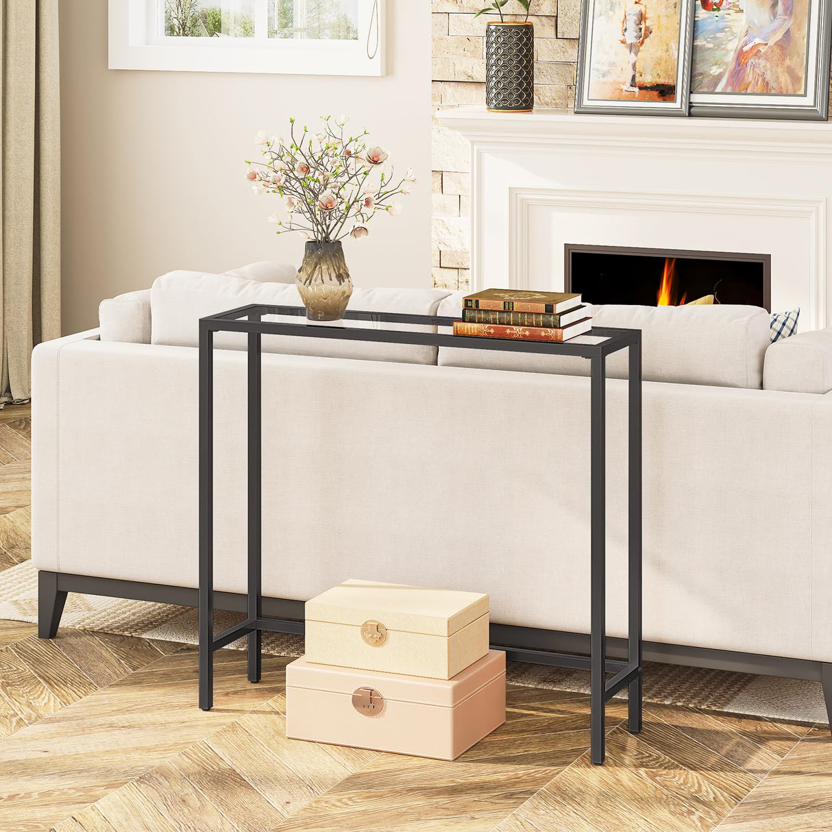 HOOBRO 29.5" Narrow Console Table, Tempered Glass Sofa Table, Small Side Table, Modern Entryway Table, for Entrance, Living Room, Foyer, Hallway Bedroom, Black BK07XG01 HOOBRO