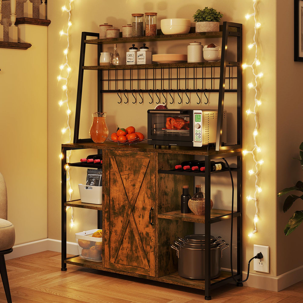 DWVO Bakers Rack Microwave Stand Cabinet with Large Storage Drawer and Power Outlet, 47 Inches Farmhouse Kitchen Tall Thickened Coffee Bar Table with Wine Shelf Rustic Brown DWVO