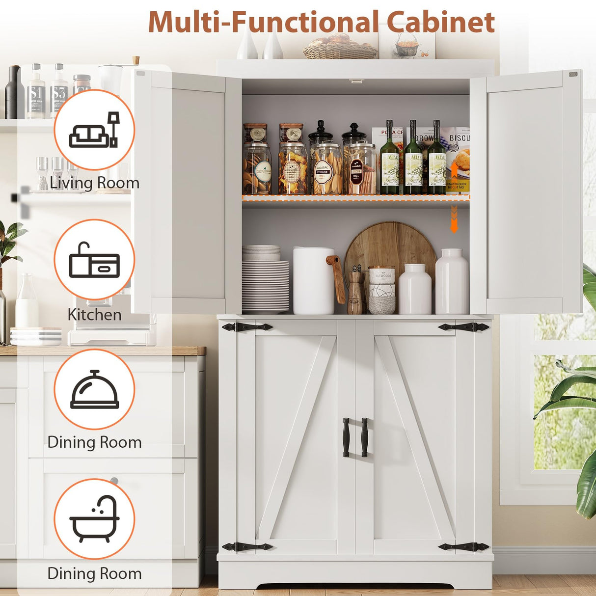 Pantry Cabinet,68'' Kitchen Pantry Storage Cabinet with 4 Doors and Adjustable Shelves, Farmhouse Tall Food Large Wood Pantry Storage Furniture for Kitchen Dining Room,White Jocoevol