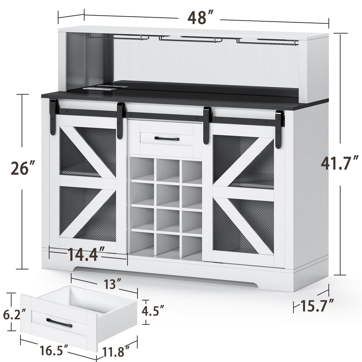 Wine Bar Cabinet with LED Strip, 48" Farmhouse Wine Cabinet with 12 Wine Racks and Power Outlet, Sliding Barn Door, Liquor Cabinet with Adjustable Shelf for Dining, Living Room wanan