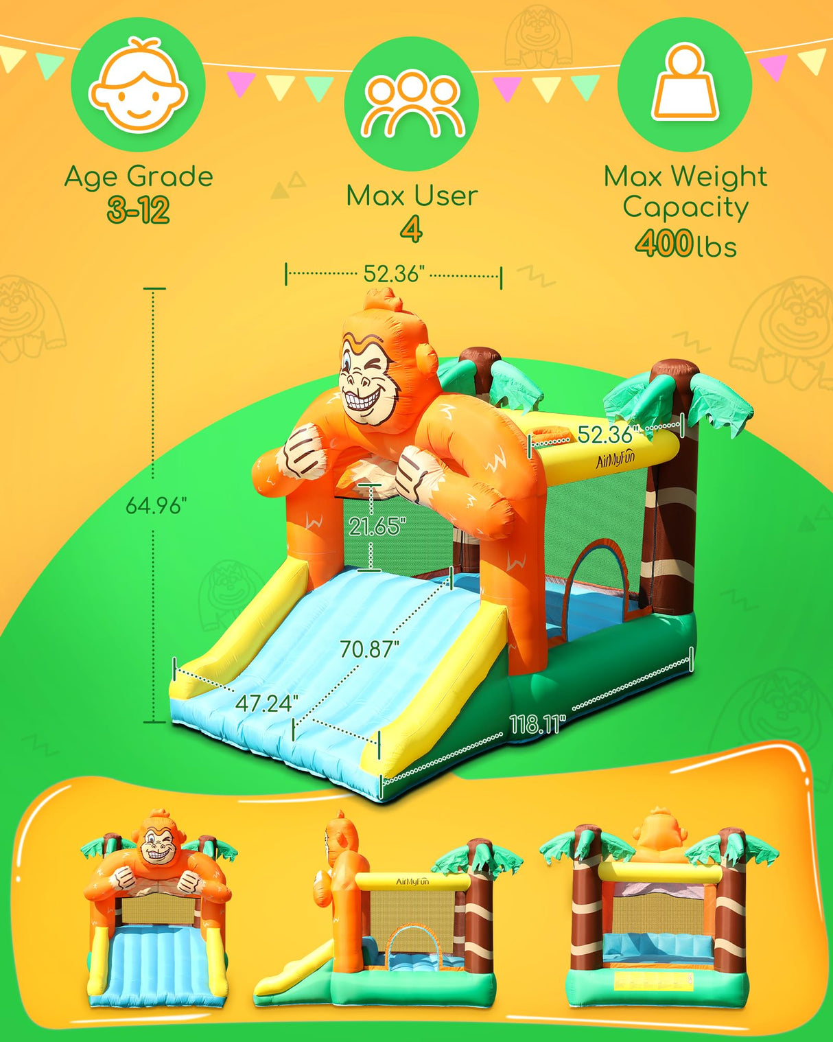 Gorilla Jungle Inflatable Bounce House for Kids 3-8 – 10ft x 4ft Bouncy Castle with Wide Slide & Air Blower, 840D Oxford Cloth for Indoor & Outdoor Adventures WoodArtSupply