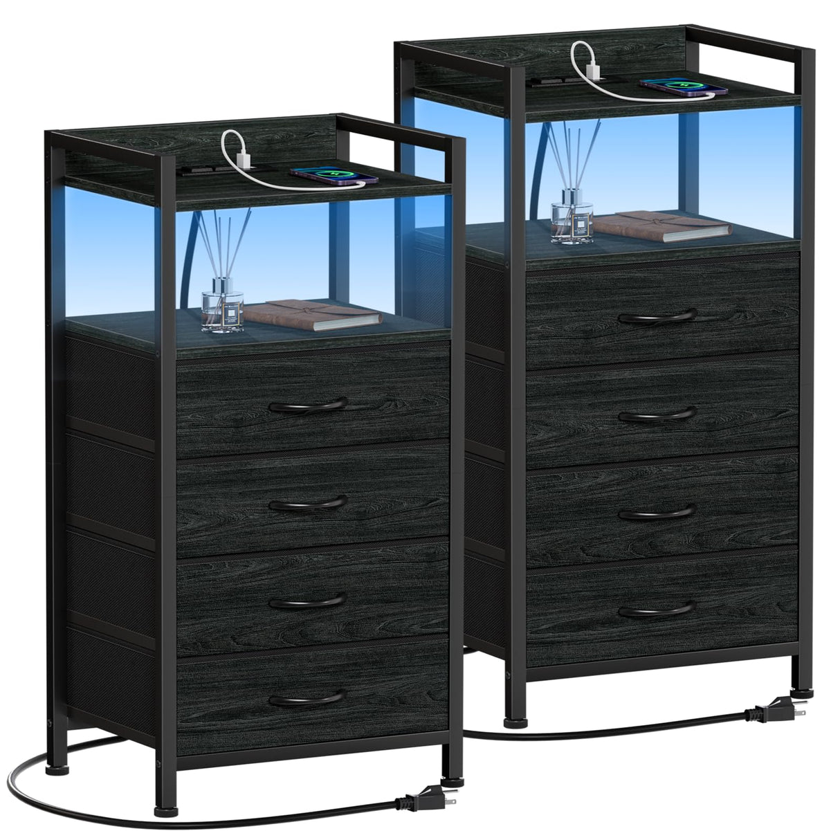 Furnulem Black Nightstand Set of 2, Small Dresser for Bedroom, Tall Night Stand with Charging Station and Led Light, Dresser Organizer Side Table Bedside Furniture, Wood Shelf, Fabric Drawer Furnulem