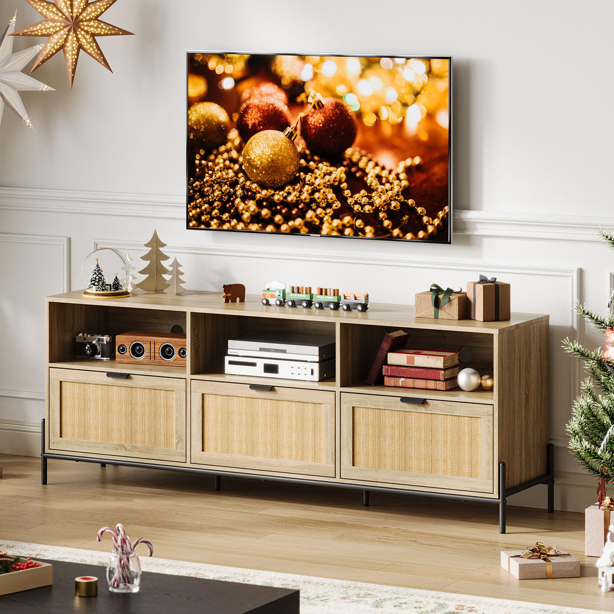 TV Stand for 75 inch TV, Entertainment Center with Storage, 65 Inch TV Console Table with 3 Drawers, Rattan Media Console Cabinet with Metal Legs, Wooden TV Stands for Living Room, Bedroom - Oak IDEALHOUSE
