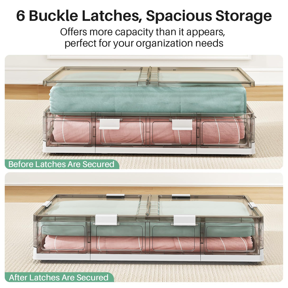 Kitstorack Clear Plastic Under Bed Storage Containers Bins with Lids and 8 Pre-installed Wheels,37.8 Qt, Rolling Foldable Flat Under Bed Organizer Boxes for Clothes Shoes Clothing Bedroom, Large Kitstorack