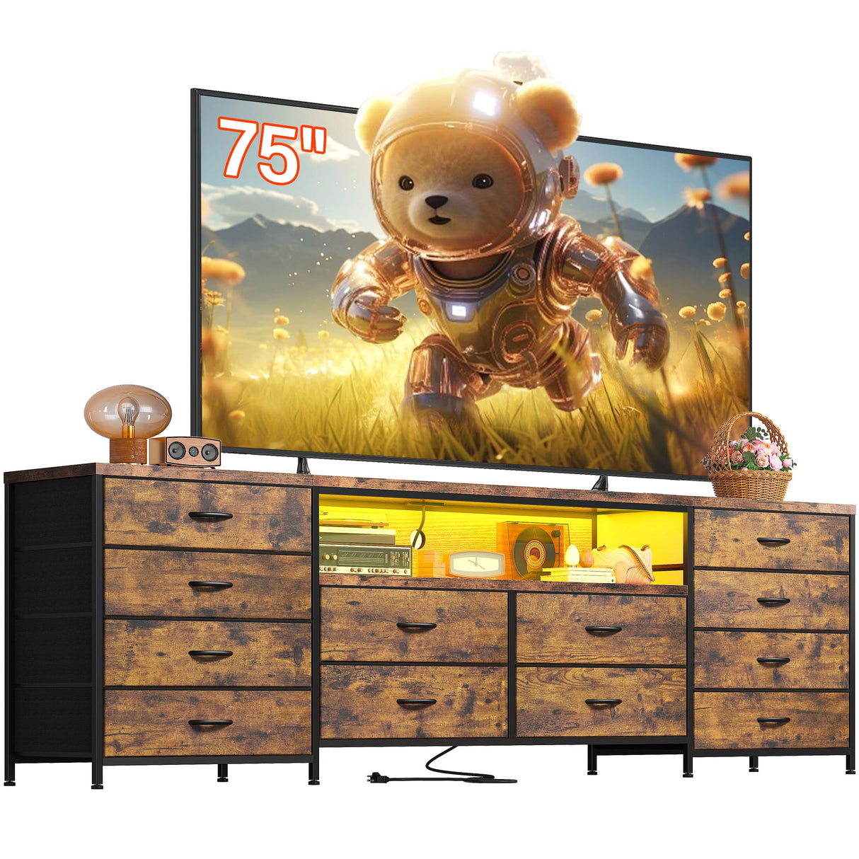 EnHomee Fits 75" TV Stand Dresser for 65 70 75 Inch TV 63" W Dresser TV Stand for Bedroom with LED Lights & Power Outlets & 12 Drawers Dresser for Bedroom Long Fabric Dresser Entertainment Center EnHomee