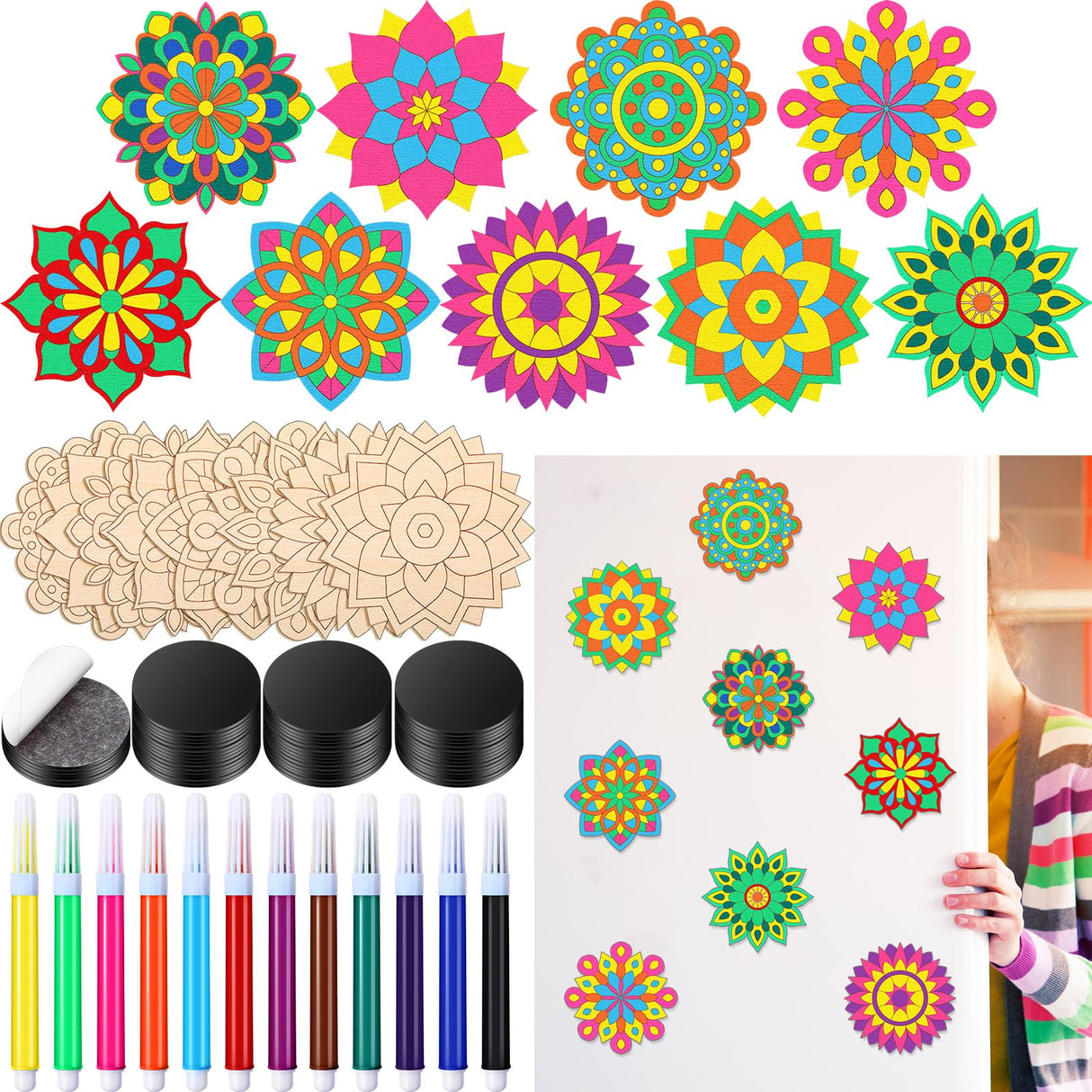 Vercraft 18 Pcs DIY Wooden Mandala Magnets Color Your Own Small Self Adhesive Magnet for DIY Craft Fridge Refrigerator Pendants(Classic Style) Vercraft